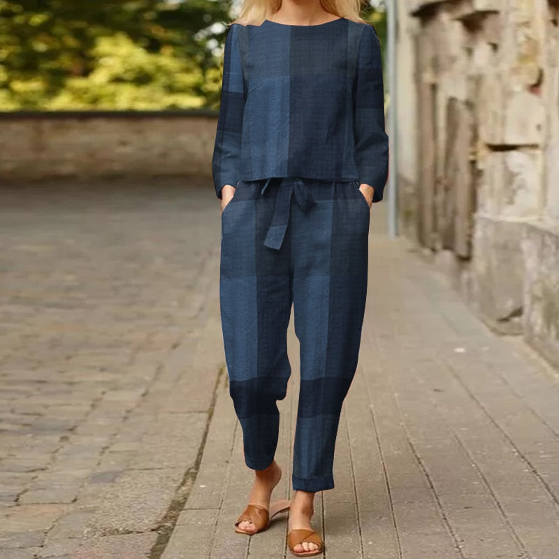 Blue Navy Plaid Pattern Cotton Two Piece Suit