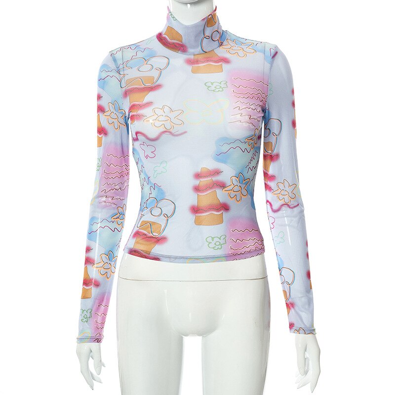 Floral Turtleneck Mesh Tshirt