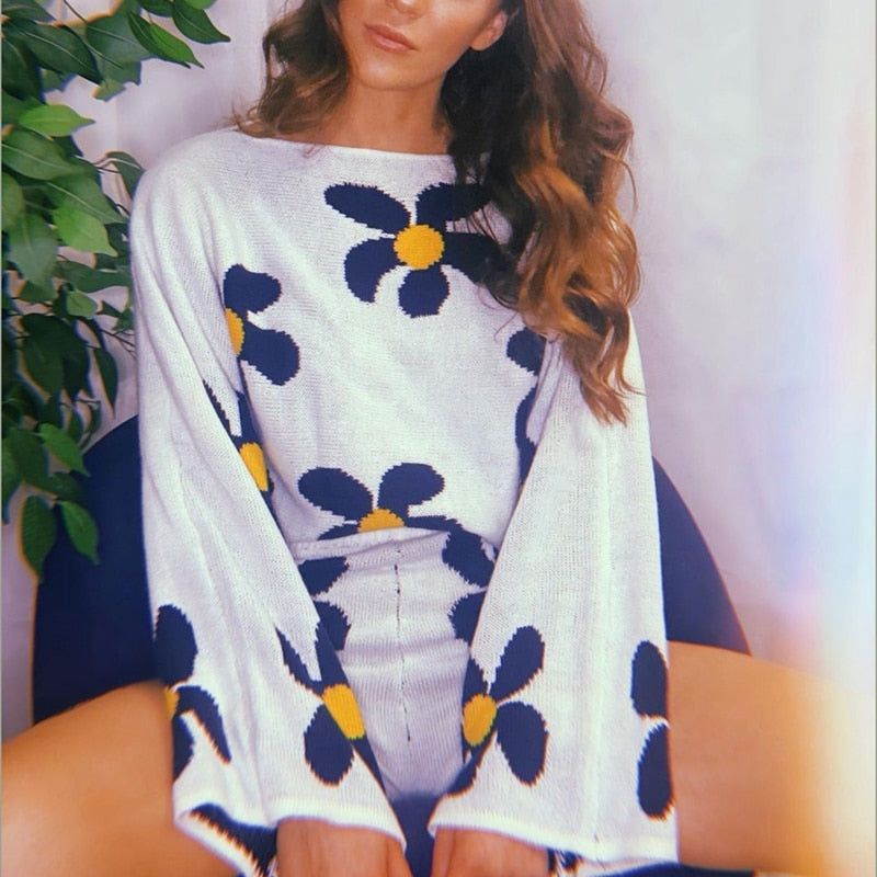White Floral Knitted Two Piece Set