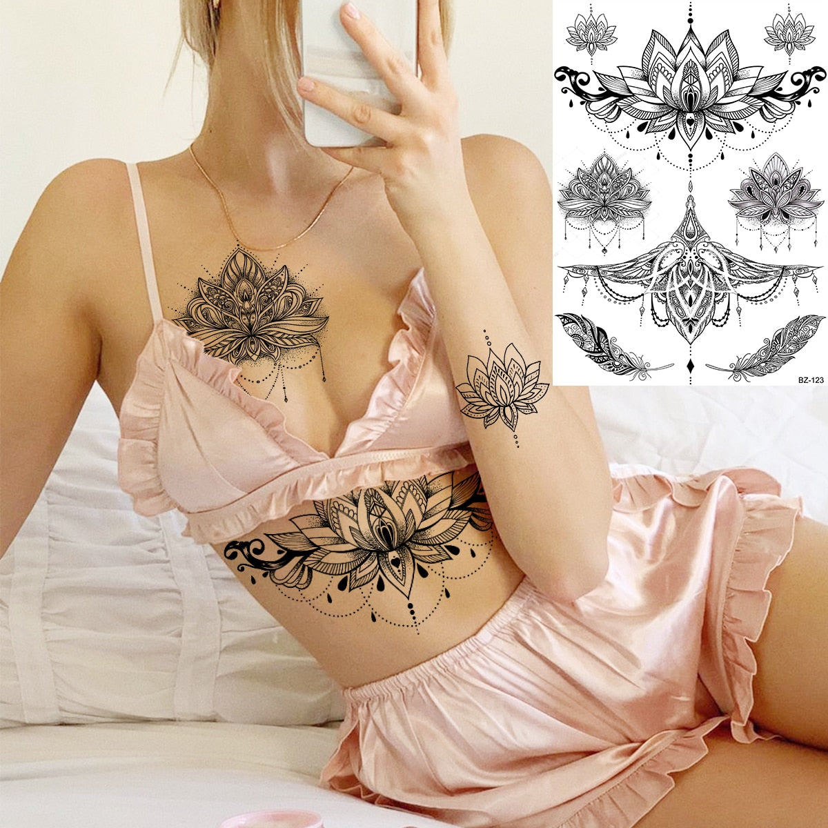 Lotus Henna Mandala Chest Temporary Tattoos