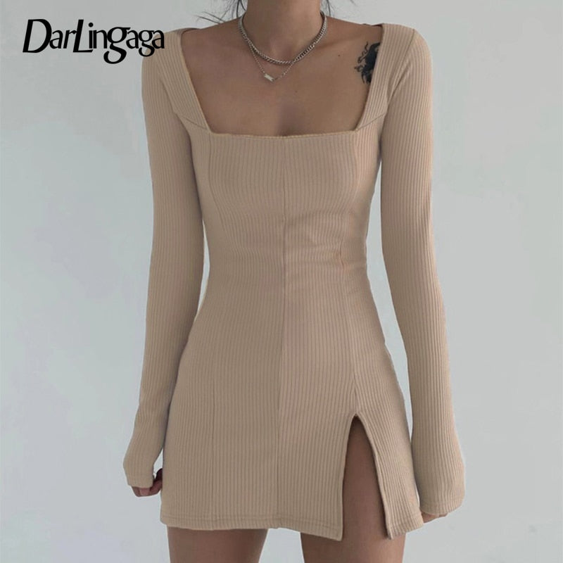 Square Neck Ribbed Black Dress