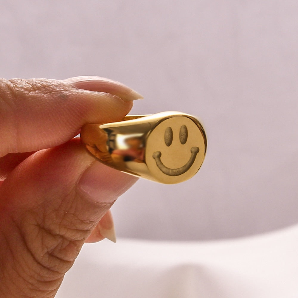 18K Gold Plated Stainless Steel Smiley Face Ring