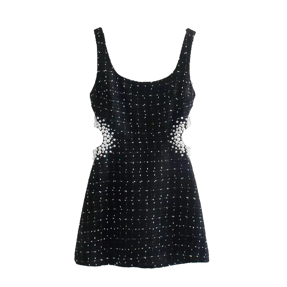 Tweed Black Plaid Hollow Out Dress