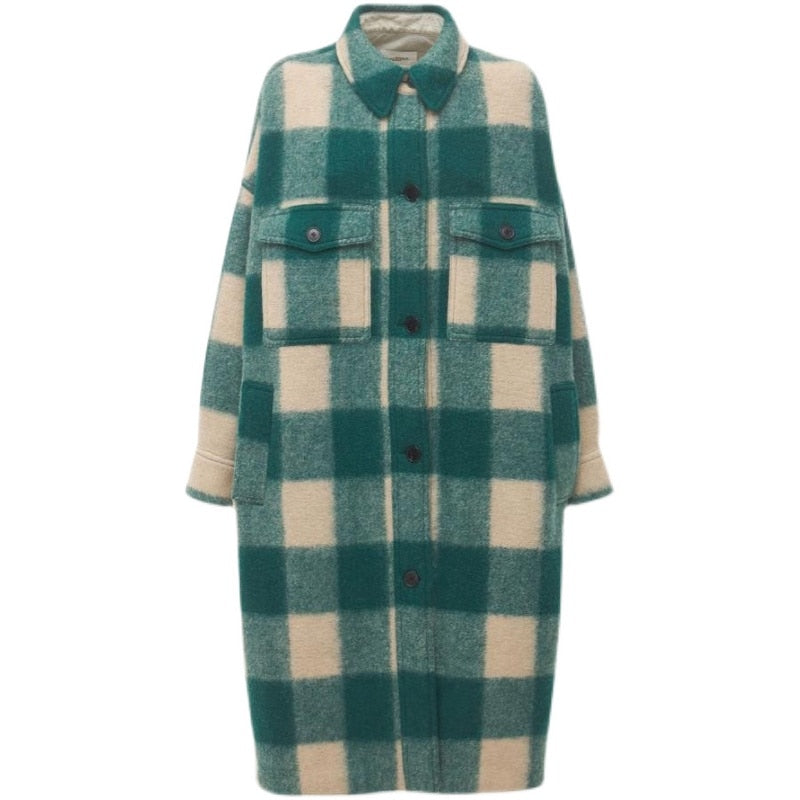 Wool Green Plaid Long Coat