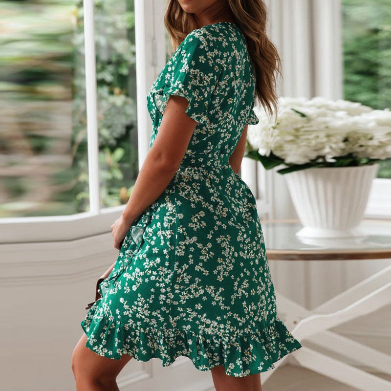 V Neck Floral Print Boho Dress