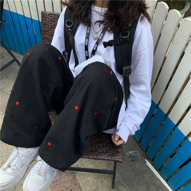 Black Denim Hearts Wide Leg Pants