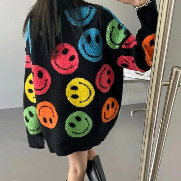 Smiling Face Knit Sweater Oversized