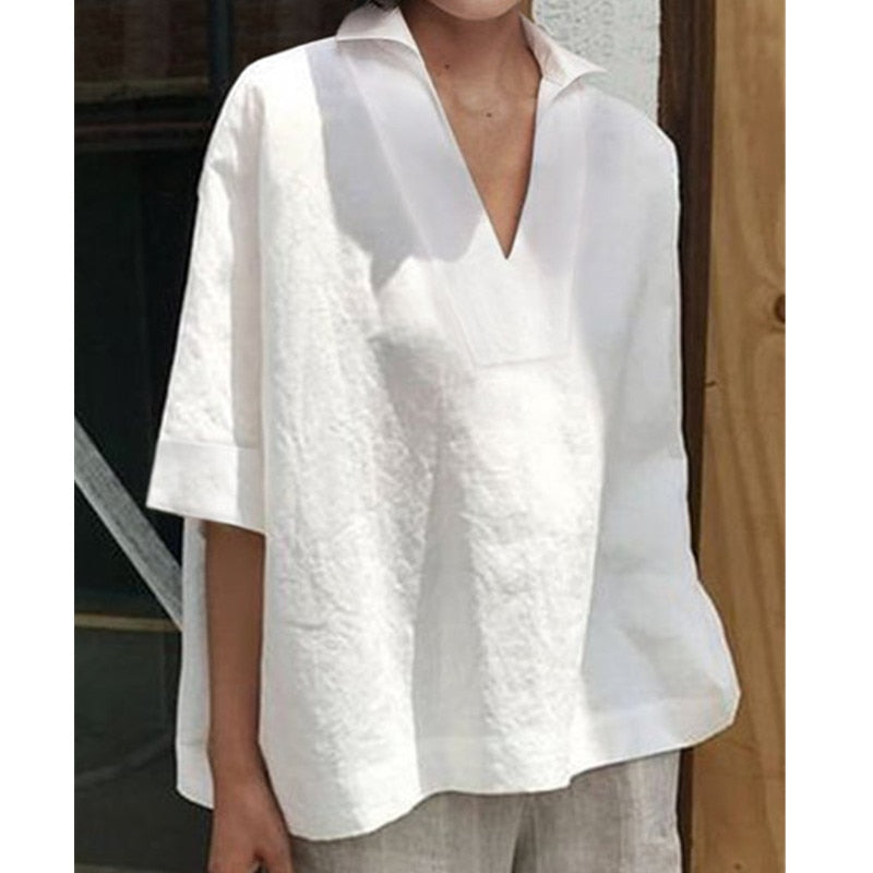 V Neck Cotton Linen Shirt