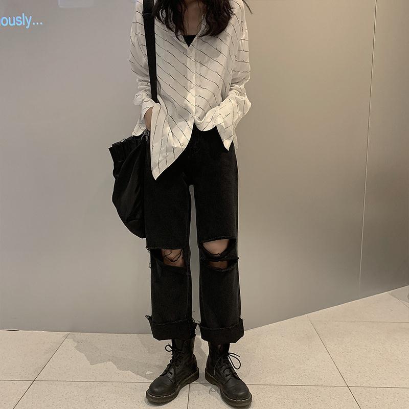 Ripped High Waist Wide Leg Denim