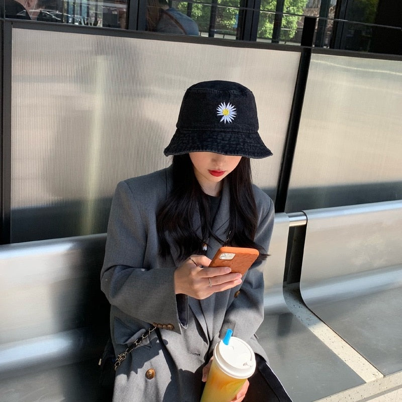 Denim Daisy Embroidery Bucket Hat