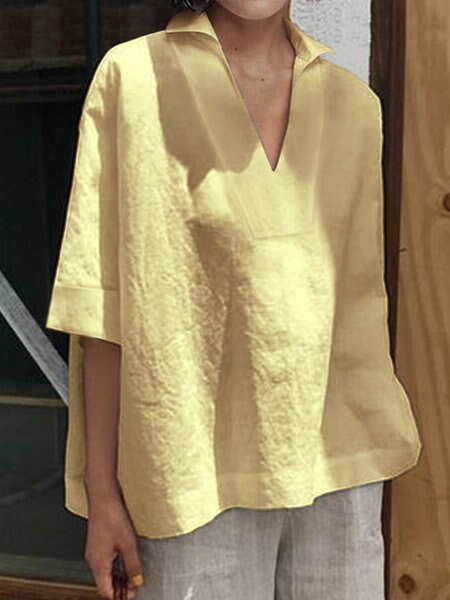 V Neck Cotton Linen Shirt