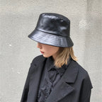 Black Soft PU Leather Bucket Cap