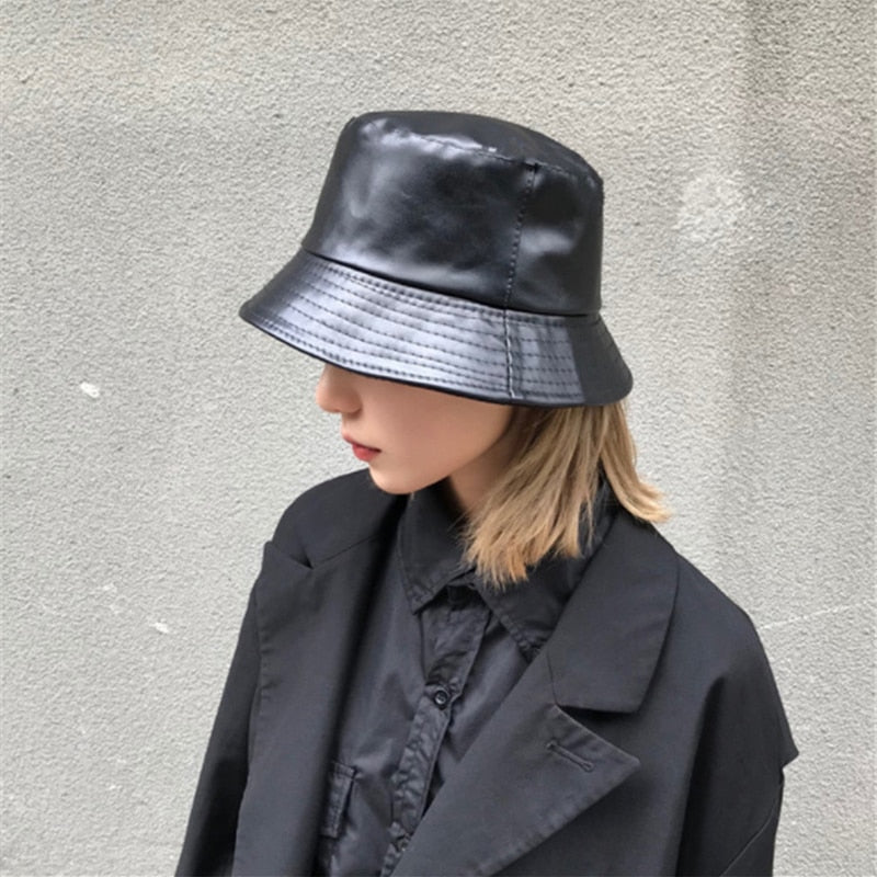 Black Soft PU Leather Bucket Cap