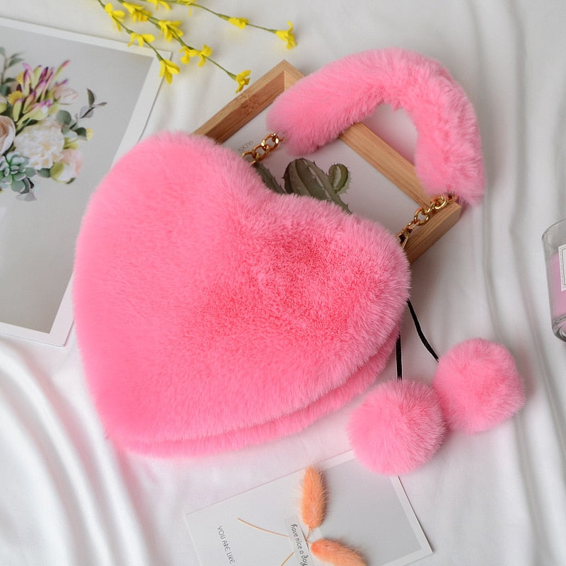 Faux Fur Heart Shaped Shoulder Bag