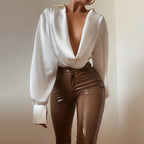 Lantern Sleeve Draped Bodysuit Top