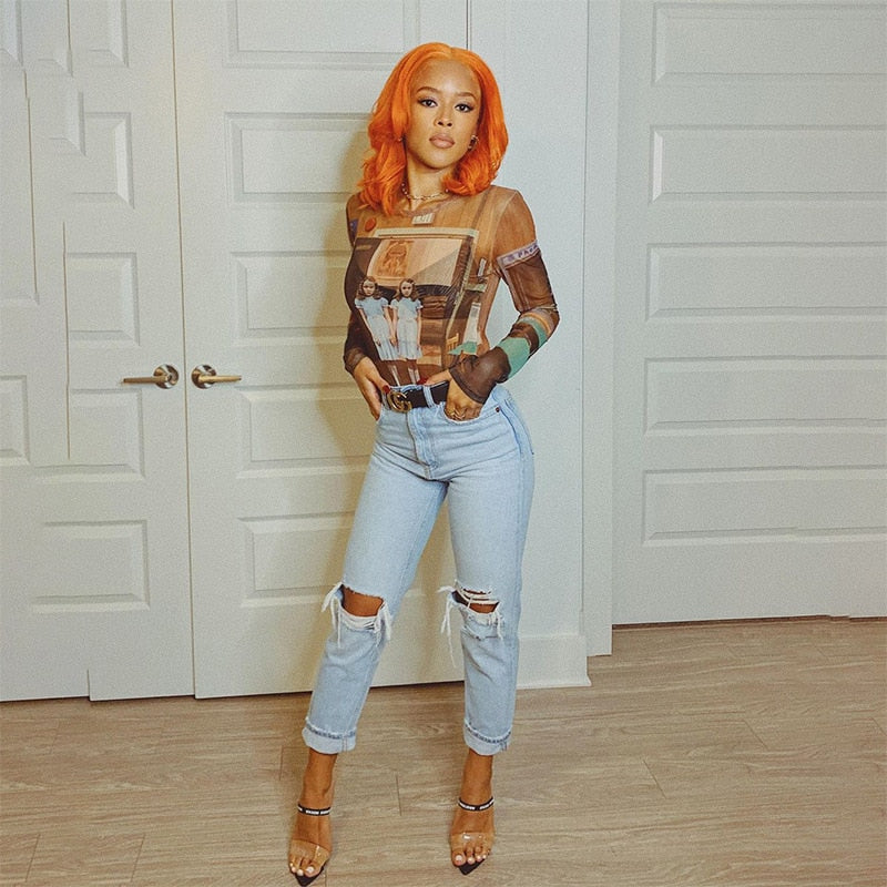 Mesh Crop Top Print See Through Long Sleeve