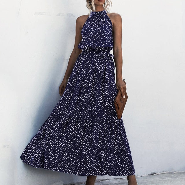 Blue Navy Polka Dot Halter Dress