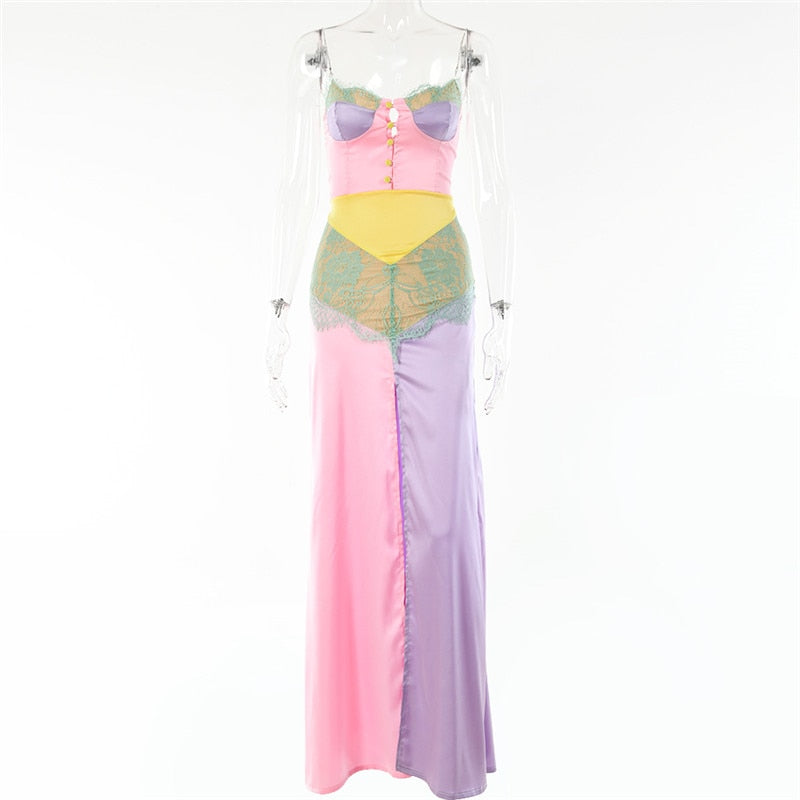 Pink Lace Patchwork Long Party Dress