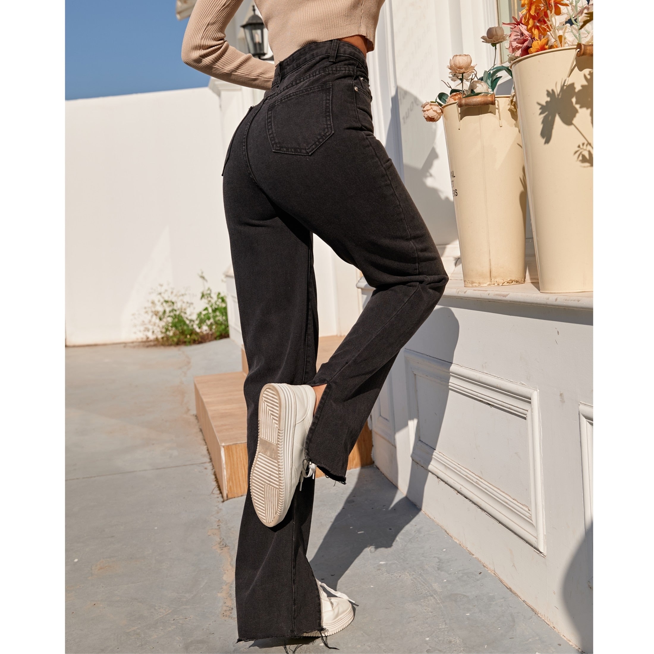 Black Straight Boyfriend Split Denim Jeans