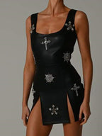 Black PU Leather Split Tank Dress