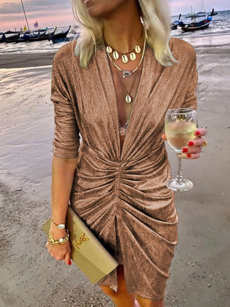 V Neck Draped Silk Dress