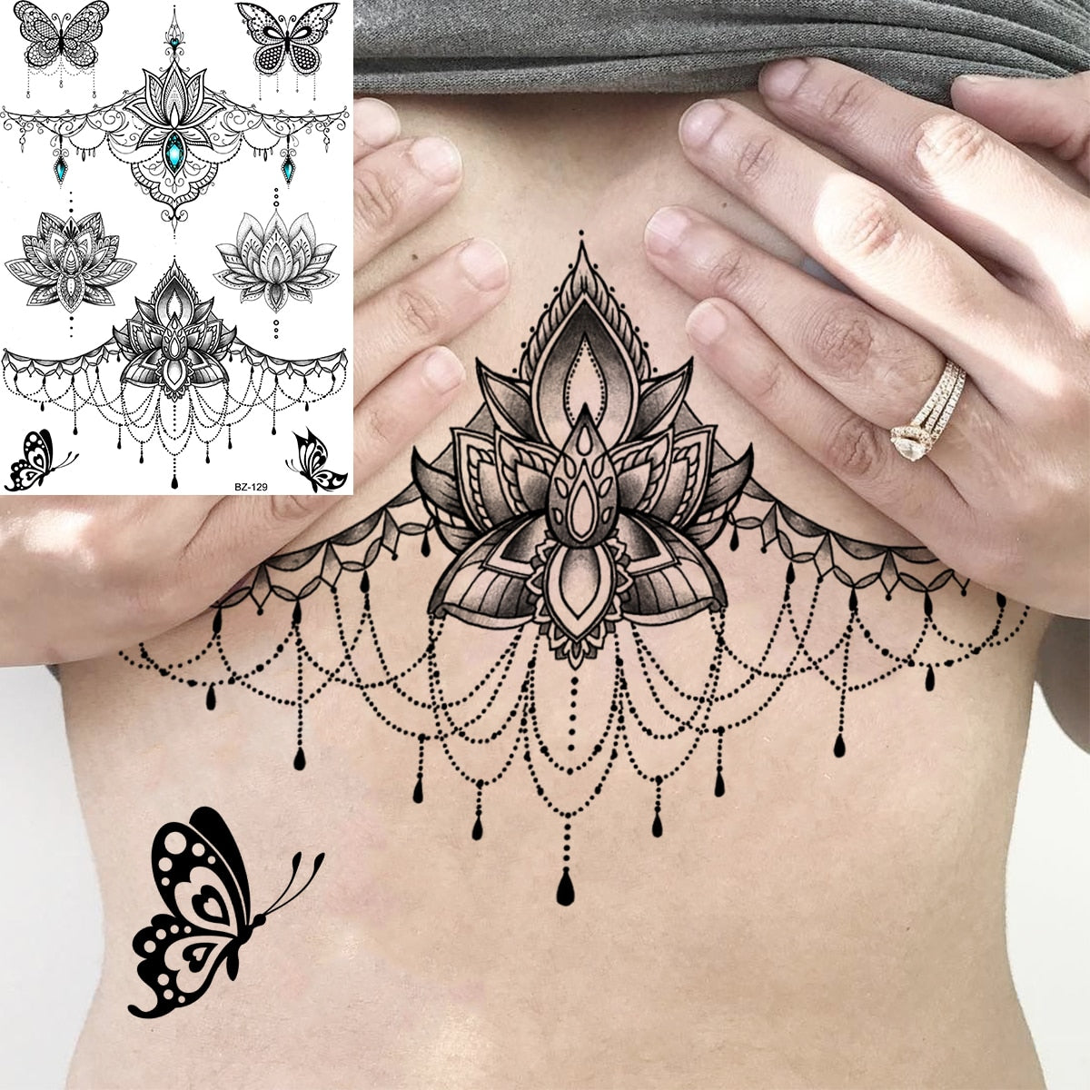 Lotus Henna Mandala Chest Temporary Tattoos