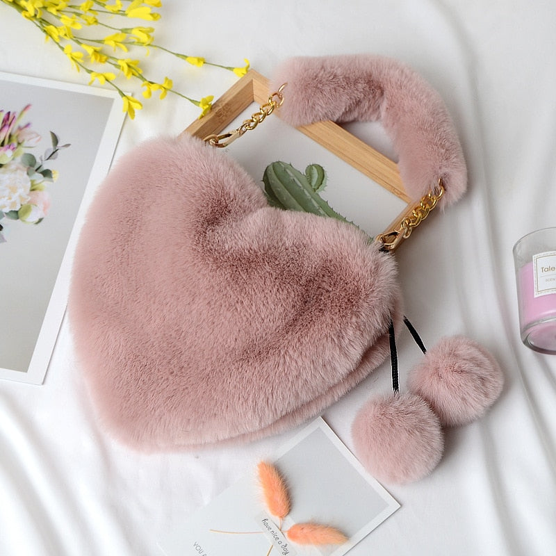 Faux Fur Heart Shaped Shoulder Bag
