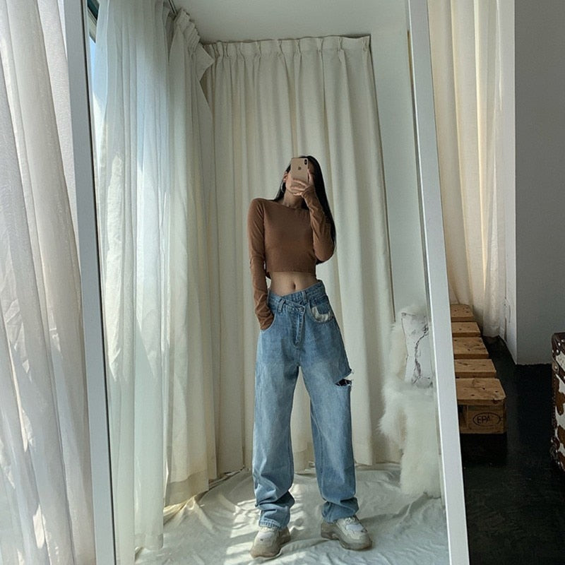 Asymmetrical Waist Straight Jeans