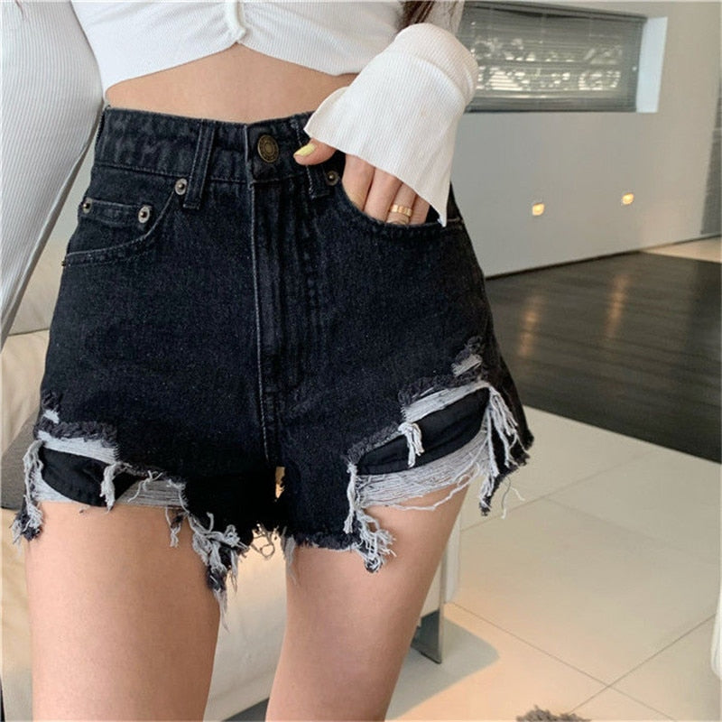 Black Denim High Waist Ripped Shorts