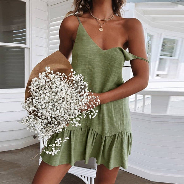 Green Cotton Linen Ruffle Dress