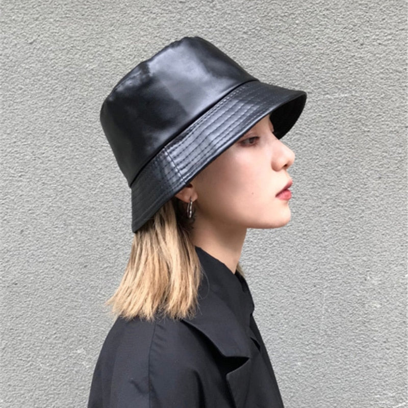 Black Soft PU Leather Bucket Cap