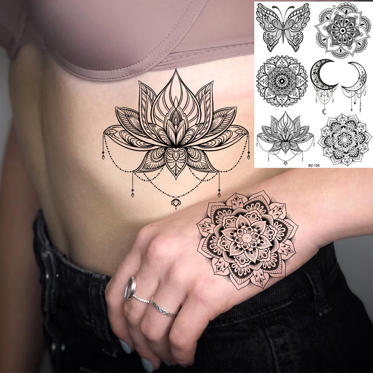 Lotus Henna Mandala Chest Temporary Tattoos