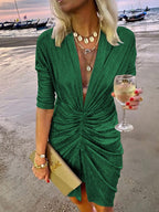 V Neck Draped Silk Dress