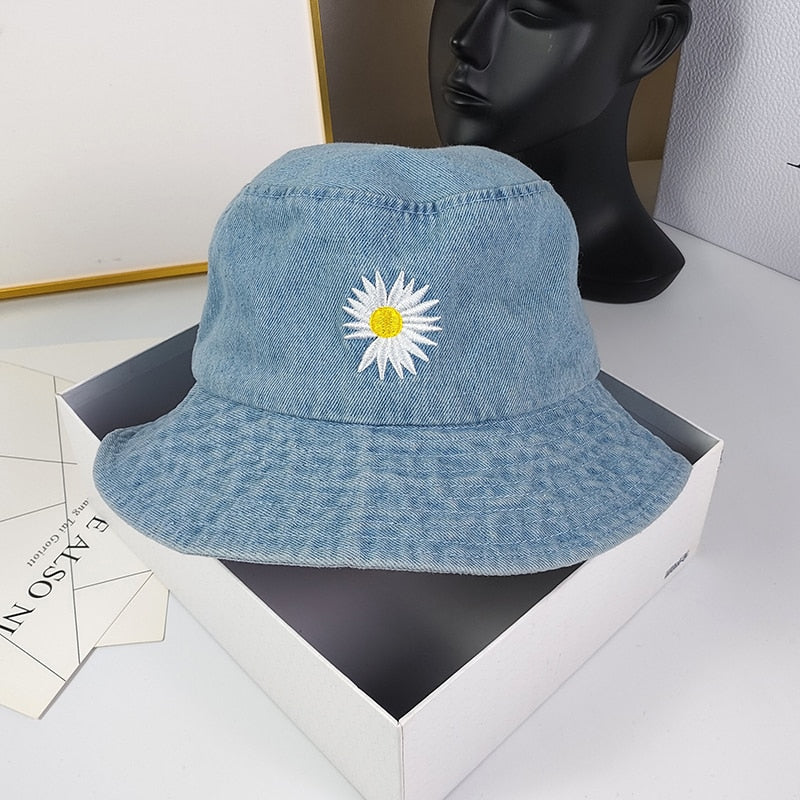 Denim Daisy Embroidery Bucket Hat