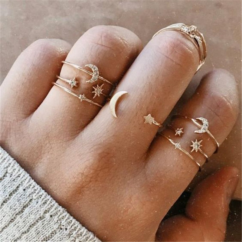 Star Moon Rhinestone Gold Ring