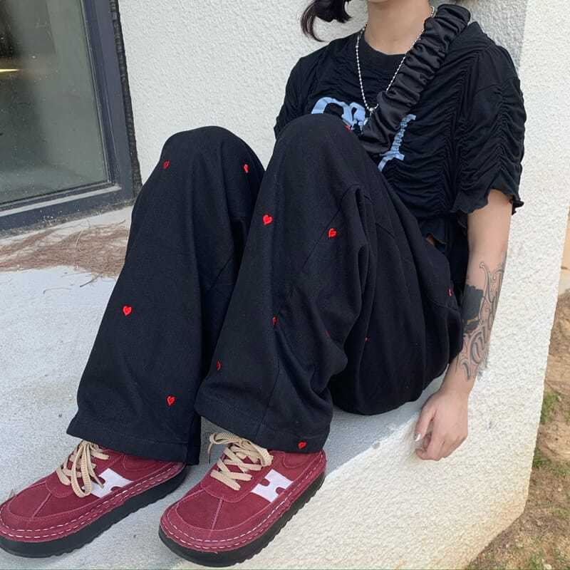 Black Denim Hearts Wide Leg Pants
