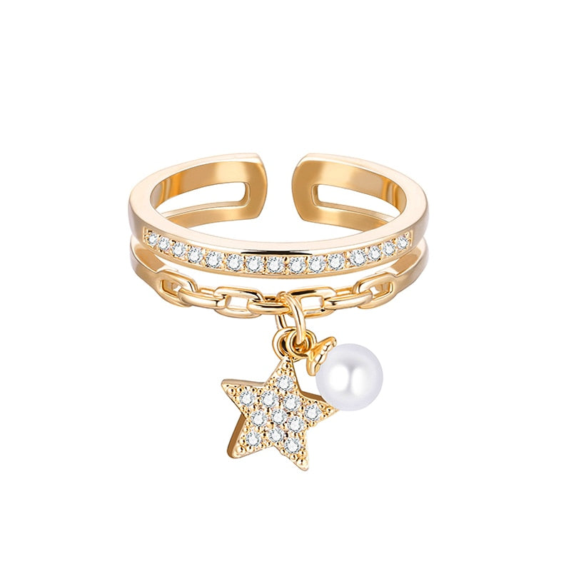 Gold Silver Star Pearl Ring