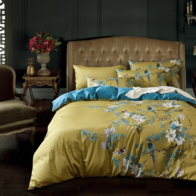 Satin Egyptian Cotton Bird Flowers Bedding Set