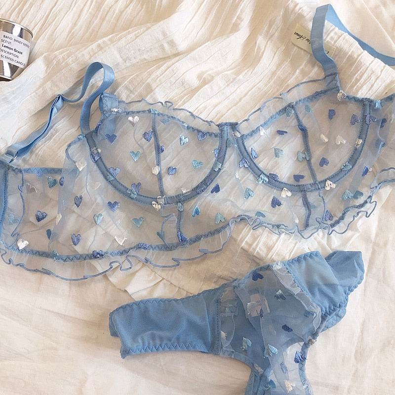 Blue Embroidery Lingerie Set