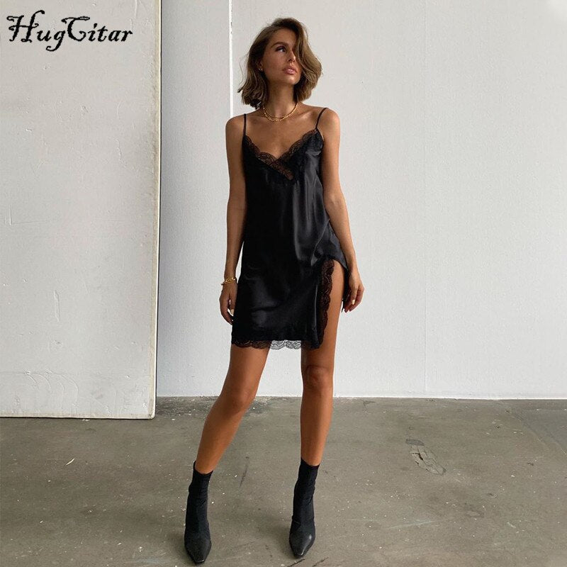 Black Lace Mini Slip Slit Dress