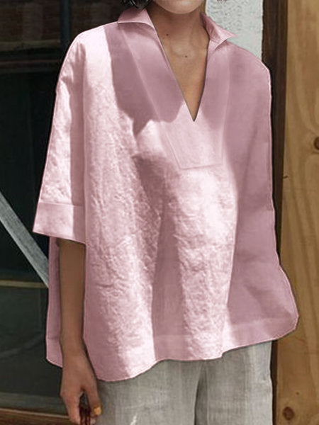 V Neck Cotton Linen Shirt