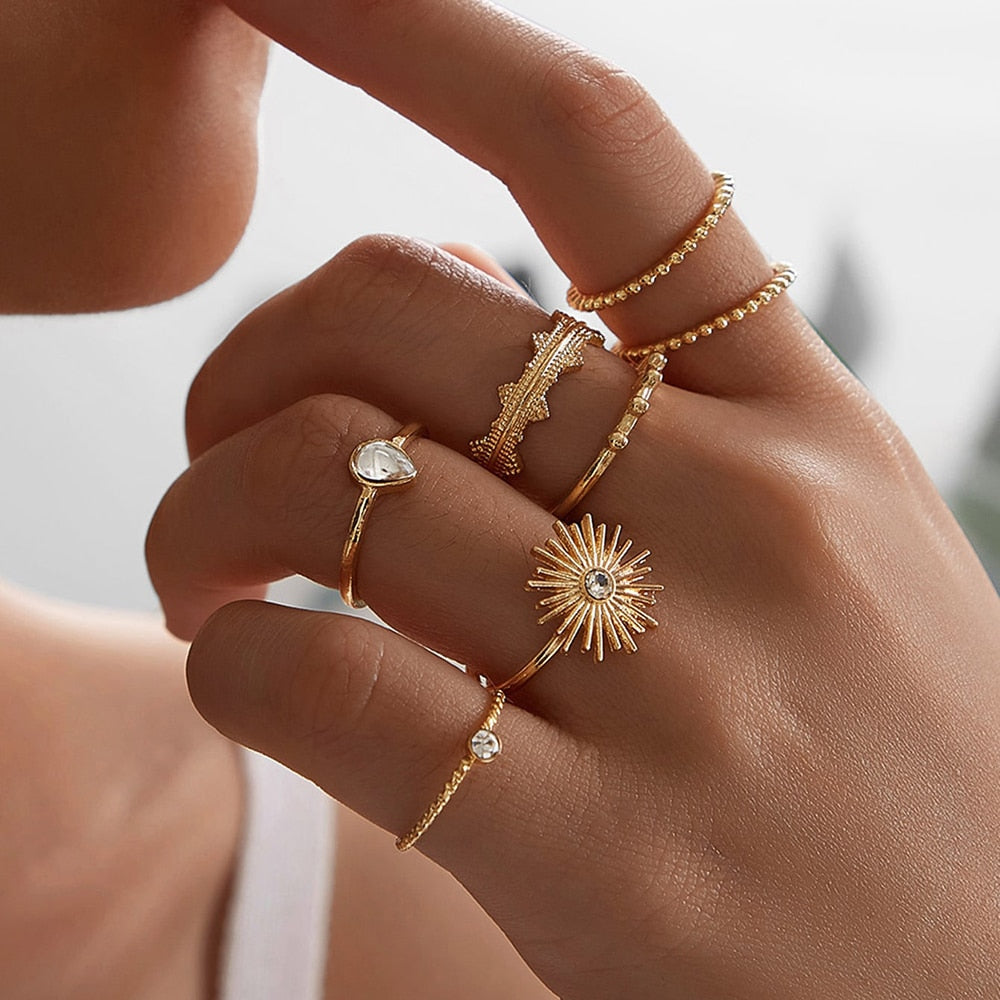 7Pcs Set Rhinestone Sun Shape  Gold Ring