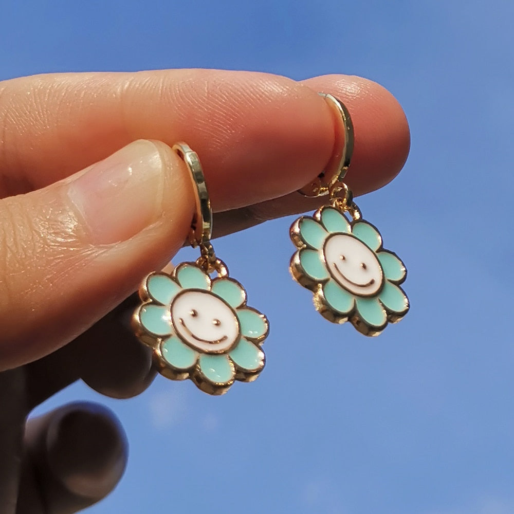 Turquoise Smile Face Daisy Hoop Earrings