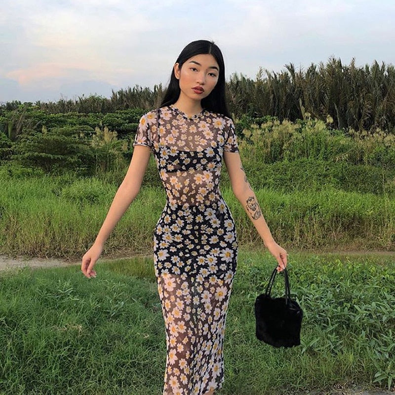 Sunflower Dress Mesh Transparent Maxi Dress