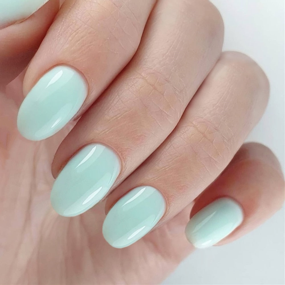 24Pcs Aquamarine Short Press On Nails