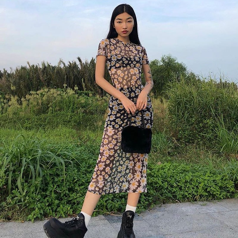 Sunflower Dress Mesh Transparent Maxi Dress