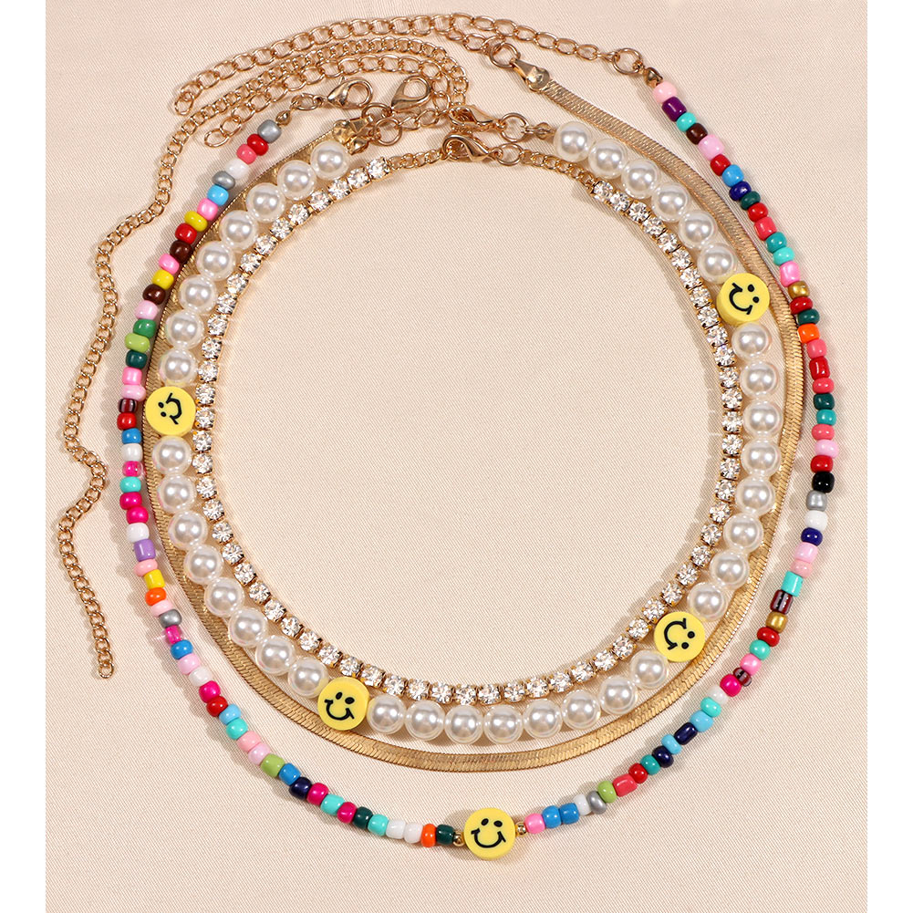Boho Smiley Pearl Rainbow Choker Necklace