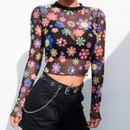Flowers Print Mesh T Shirt