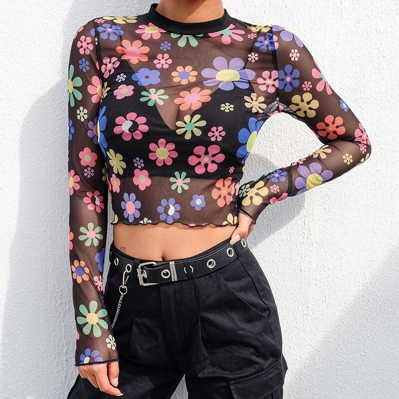 Flowers Print Mesh T Shirt