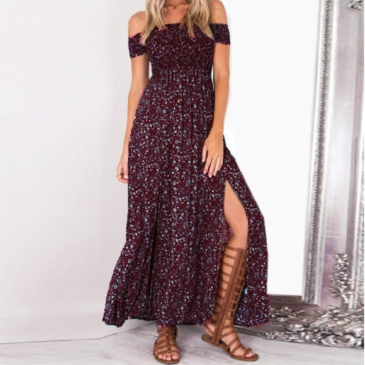 Burgundy Dot Strapless Maxi Dress